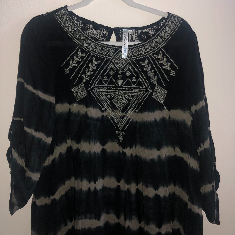Andree Blue Black and Taupe Tie Dye Blouse.